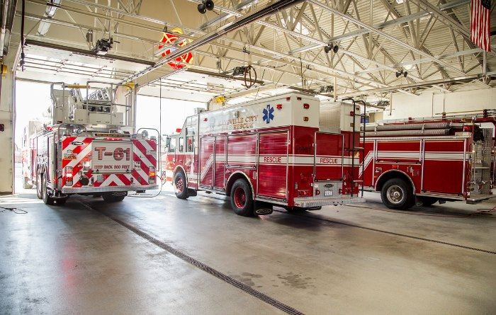 Fire vehicles parked in station bay