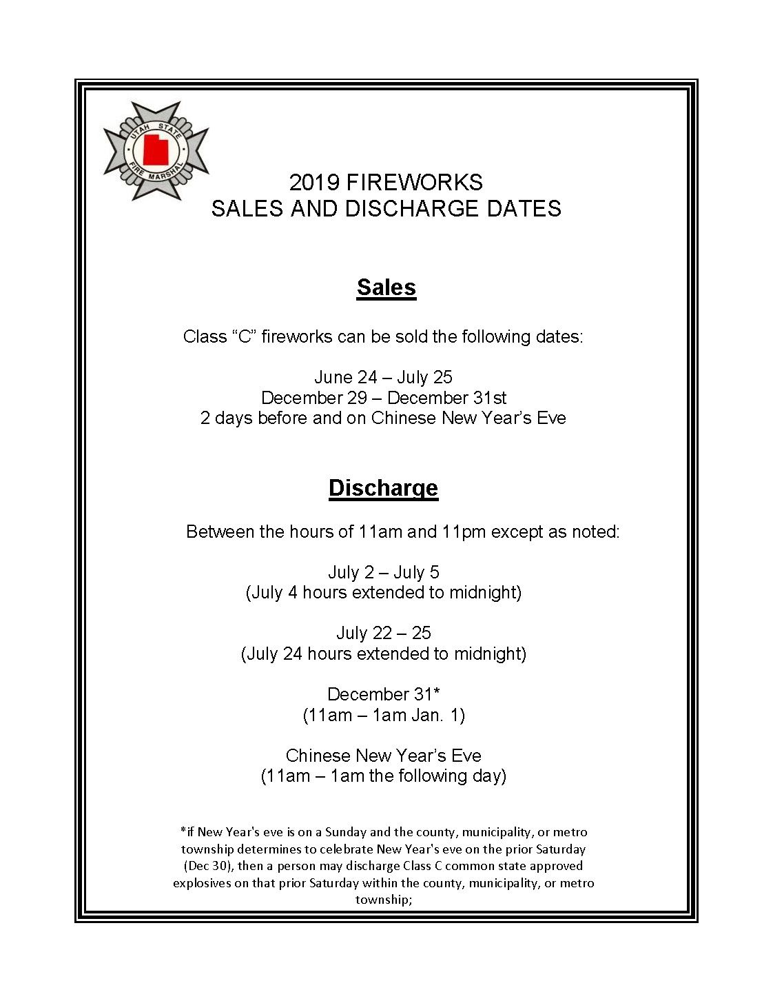 2019 FIREWORKS DATES